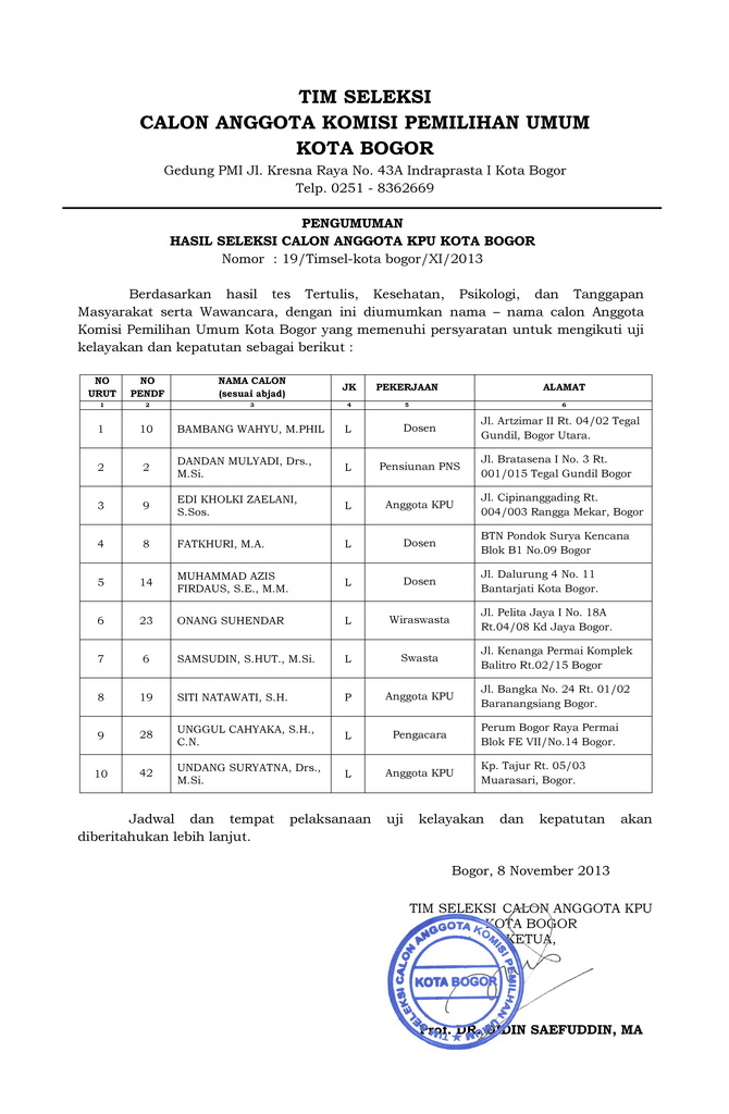 PENGUMUMAN HASIL SELEKSI CALON ANGGOTA KPU KOTA BOGOR